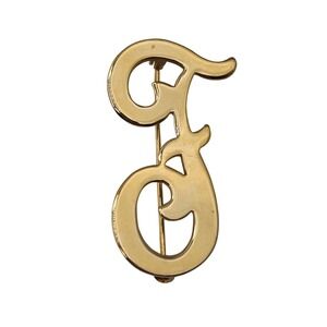 Initial Letter F Brooch Gold Tone Script Monogram Gift Him Her 1.5" Pin Preppy